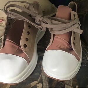 Tan/white wedge lace ups sz 43/10, super soft faux leather